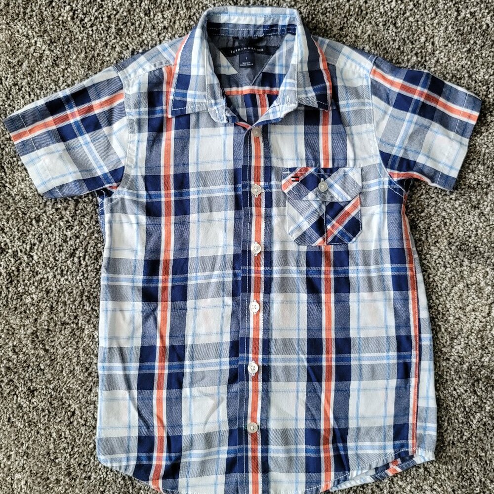 Tommy Hilfiger Short Sleeve Blue, White ,Orange Plaid Button Down Shirt, size 7